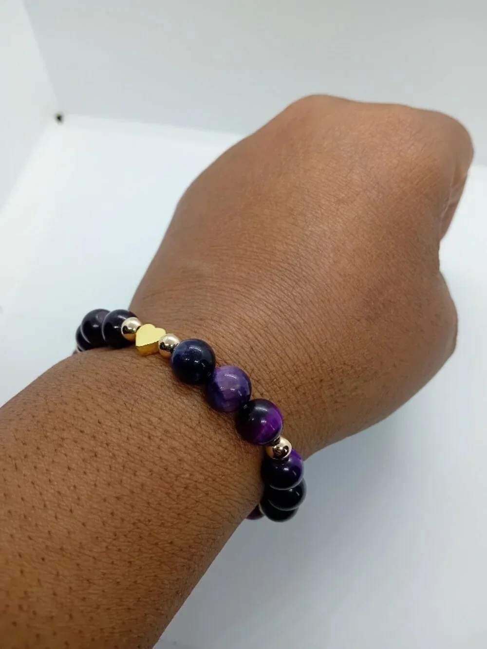 Natural Tigers Eye Stretch Bead Bracelet 14K Gold Beads Heart Charm 6MM Healing